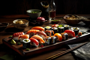Sushi set served with traditional soy sauce, wasabi and pickled ginger. Japanese cuisine. AI generated