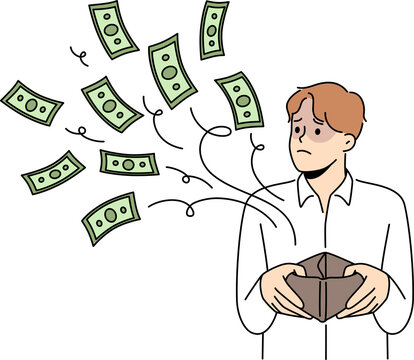 Frustrated man with money flow from wallet