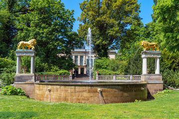 Park Glienicke with Lions Fountain in the south of Berlin. The fountain with two gilded cast-iron...