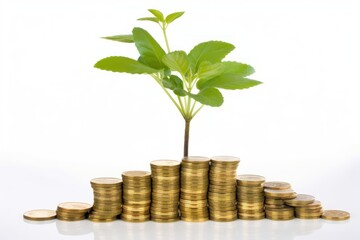 Fototapeta na wymiar Small tree growing on pile of golden coins. Capital growth, investment, saving money, economy, finance and business concept.