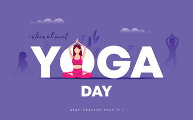 international yoga day. Yoga Body Posture with Text. Woman practicing yoga. vector illustration.