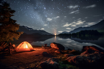 Camping activity, camper setting a yellow tent near the lake in the moutains, chair by campfire, beautiful and majestic landscape at night, sky full of stars, Generative AI