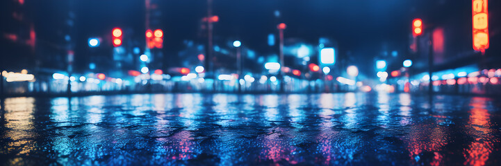 Blurry cityscape, bokeh effect, rainy, panoramic view, ai generated