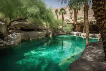 desert oasis, with hidden waterfall and pool of crystal-clear water, created with generative ai