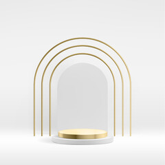 Obraz premium Metallic product podium background with tripple golden and white arch. Premium abstract vector presentation template.