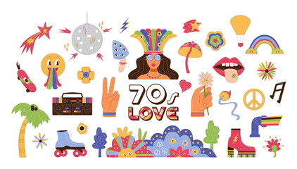 Obraz premium The 70s signs and symbols big vector collection. Funky retro stickers of flowers, mushrooms, rainbows and other decorative elements isolated on white.