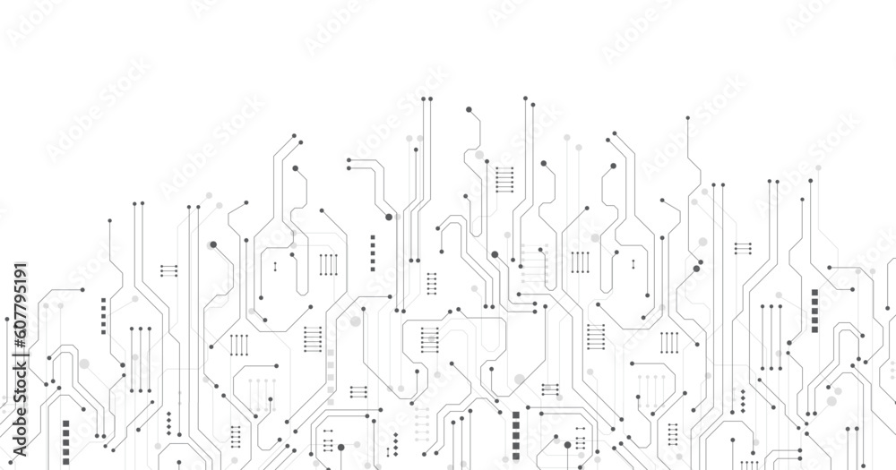 Poster Black circuit diagram on white background. High-tech circuit board connection system.Vector abstract technology on white background.