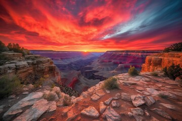 Fototapeta na wymiar grand canyon with fiery sunset, featuring colorful and dramatic sky, created with generative ai