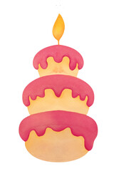 Watercolor cake with one candle. Hand drawn biscuit cake with pink glazeisolated on white background. Happy birthday, baby shower celebration. Hand drawn clipart for greeting card, invitation