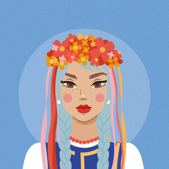 Slavic beautiful girl with flower wreath and braids, blue hair
