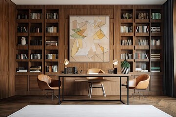 wooden wall paneling, with framed artwork and shelves for books, in modern office, created with generative ai