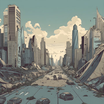 End of the worlsd illustration. Empty street of bombed out city. Apocalyptic view of abondoned city with destroyed cars as disaster film poster. City ruined by war or armageddon. Generative AI