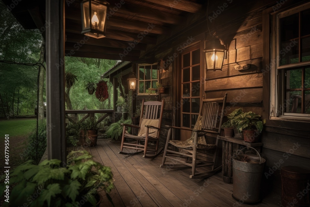 Poster cozy cabin retreat with front porch, rocking chair, and lantern, created with generative ai