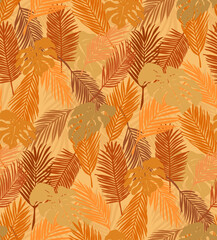 Fototapeta na wymiar Seamless exotic pattern with orange tropical leaves on brown background. Vector illustration for fashion prints.