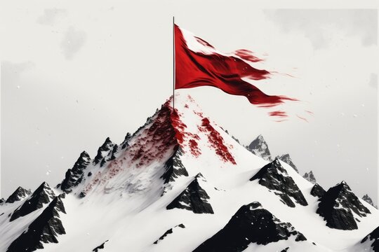 snow-covered mountain peak with red flag, symbolizing peaceful and tranquil nature, created with generative ai