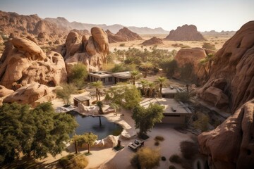 oasis with bird's-eye view of the desert, surrounded by towering rock formations, created with generative ai
