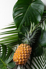 Fresh pineapple with tropical leaves on white background.