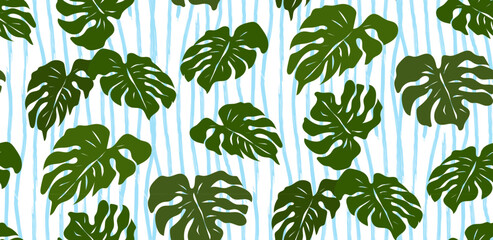 Tropical seamless pattern with monstera leaves on blue striped background for fashion prints. Vector illustration.
