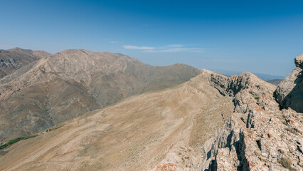 Highlands of Iran in the mid day sun, peaks, no vegetation, mountain chain, Alborz mountain range  