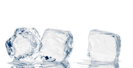 Natural crystal clear melting ice cubes isolated on white. Mirroring reflective surface background.
