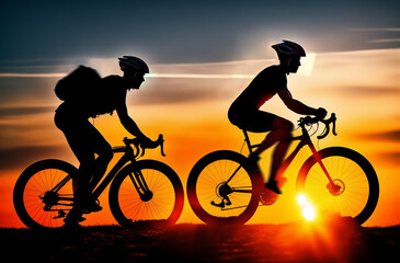 2 Two person. man and woman riding bicycles on desert background of an orange sunsetting sky. black Silhouette of pair friends. bike racing on sunset sky backdrop. fast riding on sand. generative ai