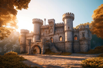 Paved courtyard of a medieval castle. Cinematic light, volumetric light, no people with empty space for characters. Realistic environment made with Generative AI - obrazy, fototapety, plakaty