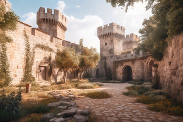 Obraz na płótnie Canvas Paved courtyard of a medieval castle. Cinematic light, volumetric light, no people with empty space for characters. Realistic environment made with Generative AI