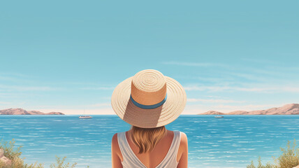 sandy beach with woman and blue sea as background, Generative AI.