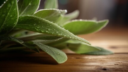 sage leaf on a wooden table with dewdrops and soft natural lighting