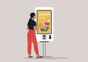 A self-service fast food order touchscreen, a digital menu isolated on a plain background