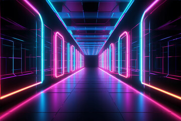 The corridor is lit up by colorful neon lights