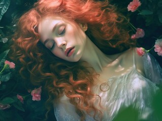 portrait of red haired woman in garden eden surrounded by flowers, generative ai - obrazy, fototapety, plakaty