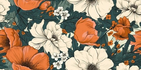 AI Generated. AI Generative. Vintahe retro hand drawn flowers pattern in boho style. Graphic Art