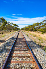 Straight railroad line in the Australian outback, between Esperance and Norseman, Western Australia
