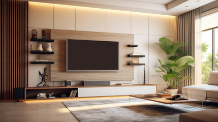 Generative ai illustration of modern interior with comfortable sofa and television on wall