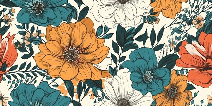 AI Generated. AI Generative. Vintahe retro hand drawn flowers pattern in boho style. Graphic Art
