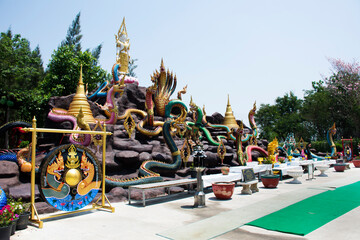 Ancient buddha statue and naga for thai people travelers travel visit and respect praying blessing...