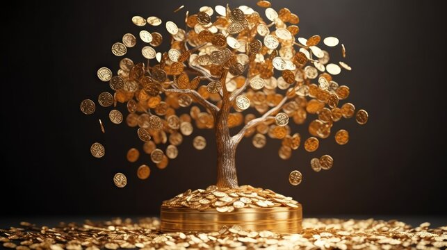 Money tree of good luck and Feng Shui made of golden coins. Capital growth, investment, saving money, economy, finance and business concept