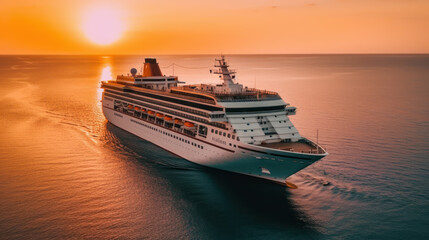 Aerial View of a Cruise Ship at Sea during Sunset, Generative AI