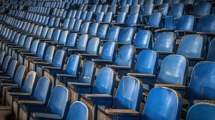Empty and Old Blue Colored Seating Stands in a Stadium, Generative AI