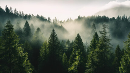 Treetops of Green Pine Forest with Morning Mist at Dawn, Generative AI