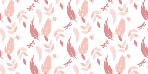 Fototapeta na wymiar Seamless pattern in gentle colors from feathers and sprigs of greenery. Perfectly will be suitable for the press on fabric. Decor of wall-paper.