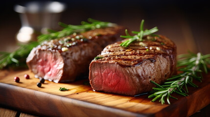 Perfectly Cooked Fillet of Sirloin with Decorative Sprigs of Rosemary, Generative AI
