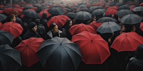 Fototapeta na wymiar AI Generated. AI Generative. Illustration of rain street with crowd people with umbrella. Graphic Art