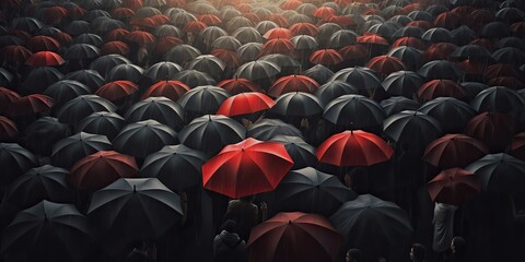 AI Generated. AI Generative. Illustration of rain street with crowd people with umbrella. Graphic Art