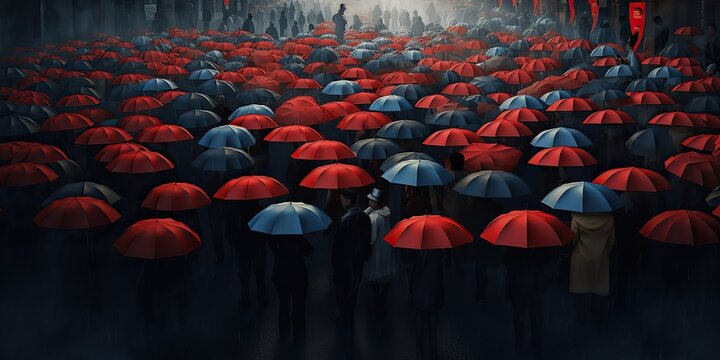 AI Generated. AI Generative. Illustration of rain street with crowd people with umbrella. Graphic Art