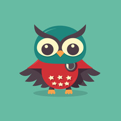 Cute little happy owl super hero, kids illustration, flat vector art