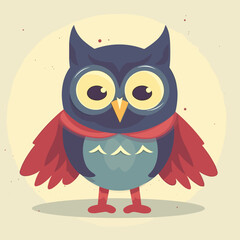 Cute little happy owl super hero, kids illustration, flat vector art
