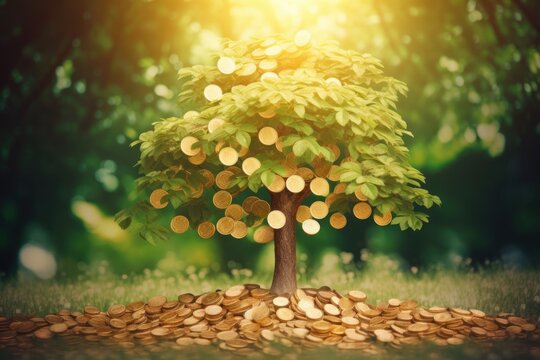 Money tree of good luck and Feng Shui made of golden coins in green forest. Capital growth, investment, saving money, economy, finance and business concept