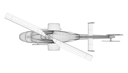 Helicopter detailed wireframe. Vector isolated on a white background. Adult military helicopter coloring page for book. Copter and Aircraft. Vector illustration. Black wireframe illustrate. 3D.. © German Ovchinnikov